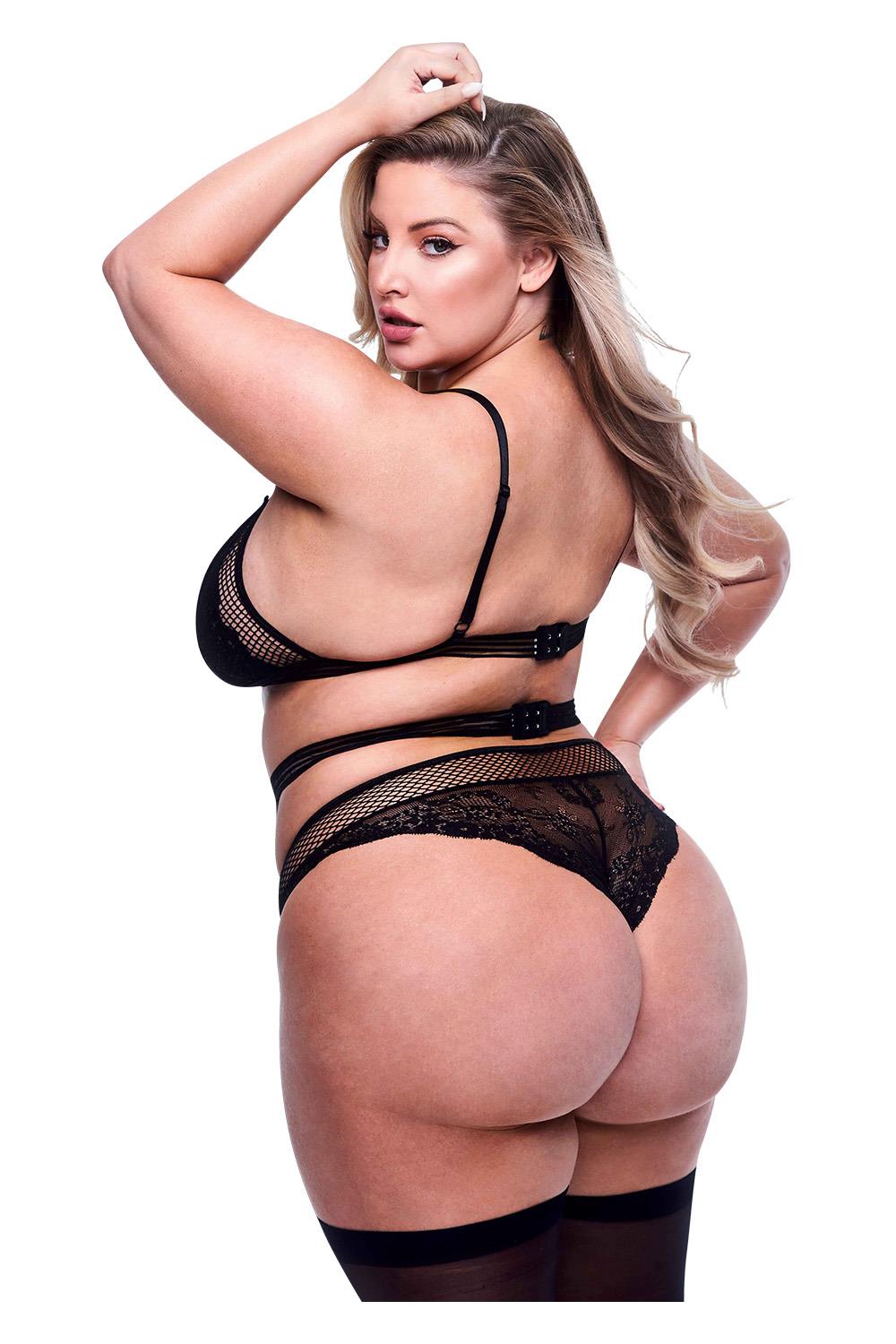 LINGERIE 3PC LACE E MESH BRA, GARTER E PANTY SET BLACK QS 3PC LACE E MESH BRA, GARTER E PANTY SET BLACK QS